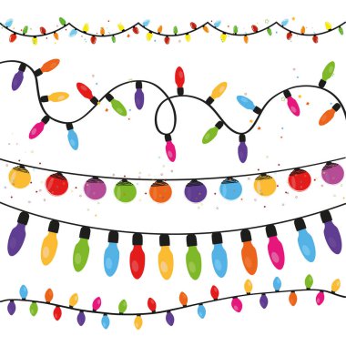 Ampul Koleksiyonu. Xmas bayramı tebrik kartı tasarım vektör arkaplanı için noel ışıkları