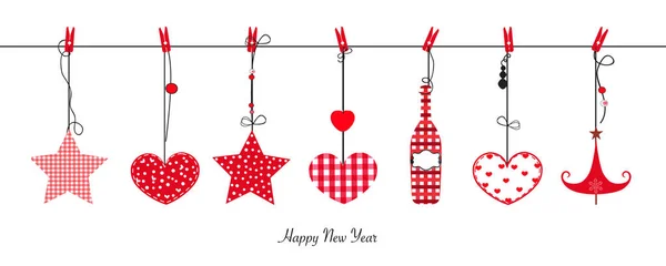 Happy New Year Greeting Card Hanging Heart Stars Wine Bottle — Stock Vector