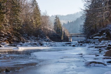 Kışın dağ nehri. Ukrayna.