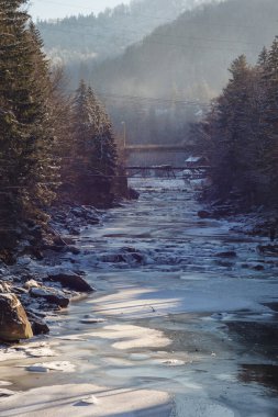 Kış şelaleleri. Ukrayna 'da kış nehri.