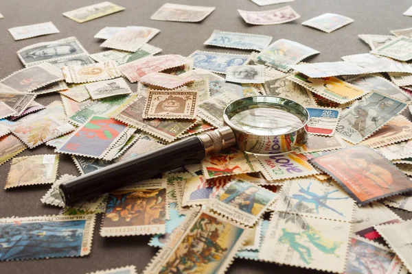 Still Life Stamps Magnifying Glass Various Old Postage Stamps — Stock Photo, Image