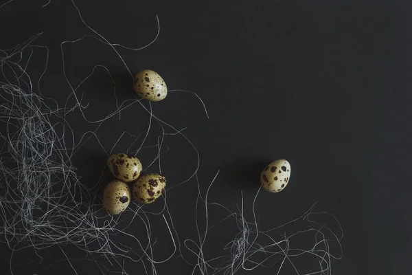Wachteleier Auf Dunklem Hintergrund Mit Weißen Fasern Kulinarisches Konzept Blick — Stockfoto