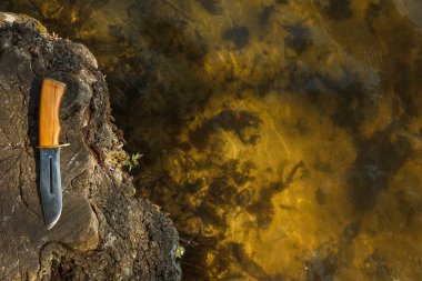 Av bıçağı suyun yanındaki kütüğün üzerinde duruyor. Açık havada av malzemeleriyle dolu bir hayat. Geçmişi. Boşluğu kopyala..