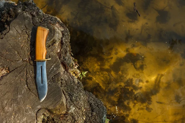 Охотничий Нож Лежит Пне Рядом Водой Натюрморт Охотничьим Оборудованием Открытом — стоковое фото