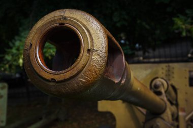 Sovyet tanksavar tüfeğinin namlusu. Topçu tüfeği yaklaş. Yüzeyin derinliği (DOF)