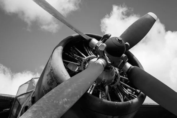 Propeller Engine Old Soviet Biplane Black White Photo — Stock Photo, Image