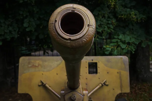 Barril Uma Arma Tanque Soviética Arma Artilharia Fecha Profundidade Campo — Fotografia de Stock