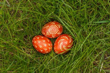 Ukrayna boyalı kırmızı renkli paskalya yumurtaları çimenlerin üzerinde yatar. Yakın plan.