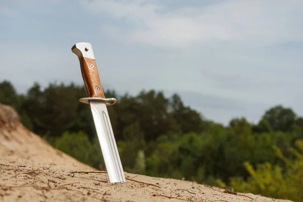 Coltello Cacciatore Con Manico Legno Infilato Nella Sabbia — Foto Stock