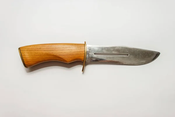 Coltello Cacciatore Con Manico Legno Sfondo Bianco — Foto Stock