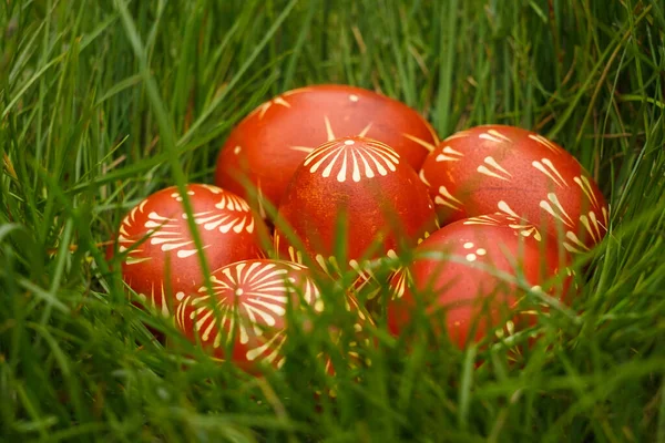 Ουκρανικά Βαμμένα Πασχαλινά Αυγά Κόκκινου Χρώματος Βρίσκονται Στο Γρασίδι Κοντινό — Φωτογραφία Αρχείου