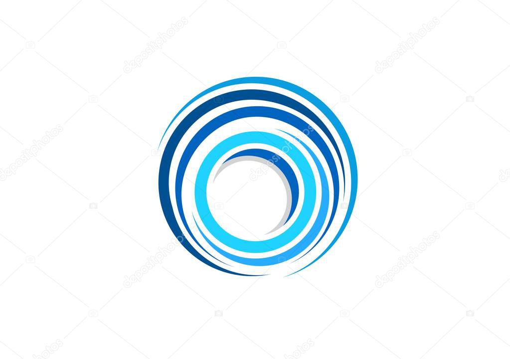 Sphere circle elements swirl logo, abstract ring blue waves spiral round shape symbol, twist global wind sign wheel icon vector design template