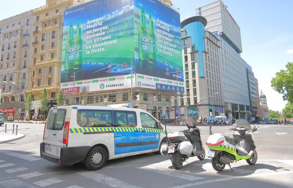 Madrid Spanien Mai 2019 Polizeiauto Und Motorrad Geparkt Auf Gran — Stockfoto