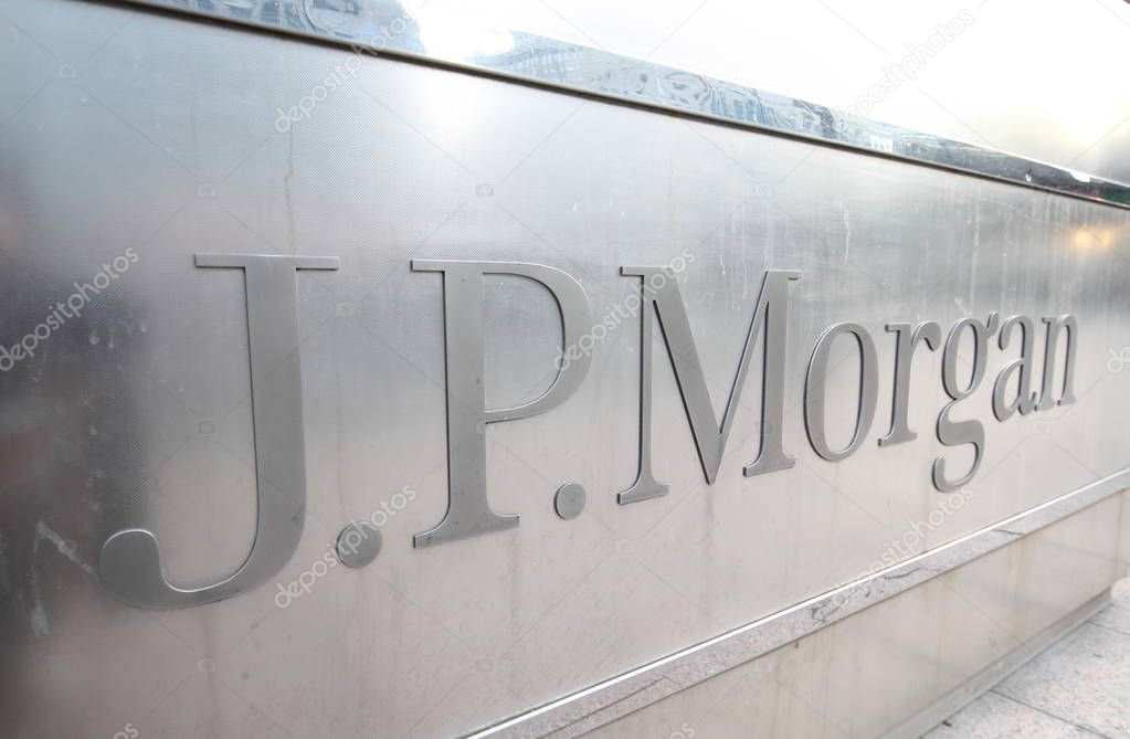 LONDON ENGLAND - JUNE 2, 2019: JP Morgan company sign Docklands London.