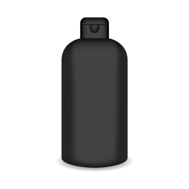 Beyaz parlak plastik şişe şampuan, duş jeli, losyon, vücut sütü, banyo köpüğü için. Gerçekçi ambalaj mockup şablonu. Önden Görünüm. Vektör çizim