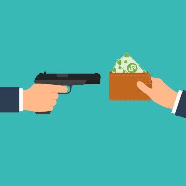 Silahı tehdit ceza kurbandan para extorts. Soygun kavramı. Silahlı haydut