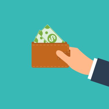 Online ödeme kavramı. M-cüzdan ile dolar faturaları tutan el izole. Düz vektör çizgi film illüstrasyon iş web tasarımı için.