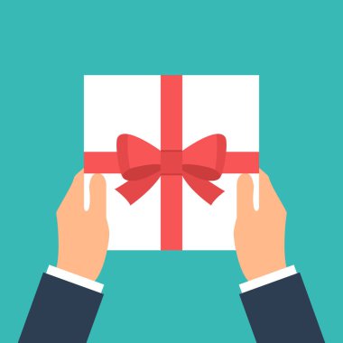 Bir hediye verin. Adam beyaz hediye kutusu ile bir kırmızı kurdele elinde tutar. Verilmesi, sürpriz alma.