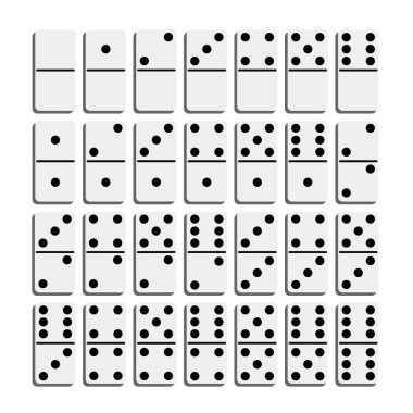 Yaratıcı vektör çizim gerçekçi domino tam set üzerinde şeffaf arka plan izole. Domino kemikleri sanat tasarım. Oyun grafik öğesi için 28 adet kavramı soyut