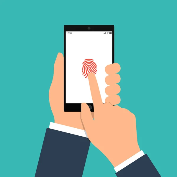 Vectorillustratie van identificatie van de vingerafdruk op smartphone in vlakke stijl. Concept van illustratie van identificatie van de gebruiker op een vingerafdruk in de mobiele telefoon. — Stockvector