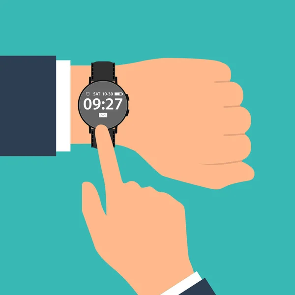 スーツのビジネスマンの手にスマートな腕時計 腕時計の時間 時計を持つ男は 時間をチェックします 時計の背景に分離された手 フラット デザイン ベクトル イラスト — ストックベクタ