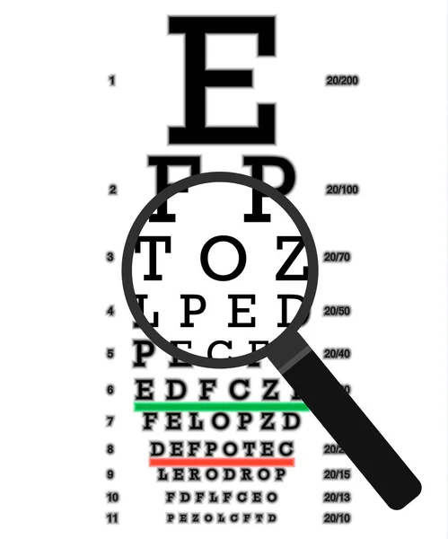 Eye vision test, poor eyesight myopia diagnostic on Snellen eye test chart. Vision correction with glasses — Stock Vector