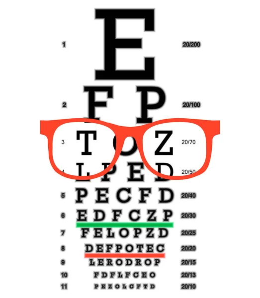 Prueba de visión ocular, diagnóstico de miopía de visión deficiente en la tabla de prueba ocular de Snellen. Corrección de visión con gafas — Archivo Imágenes Vectoriales