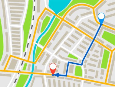 Şehir harita navigasyon yol, renk noktası işaretleyicilerini tasarım arka plan, vektör çizim şema, basit şehir planı Gps navigasyon, yol hedef ok kağıt şehir haritası. Rota teslim onay nokta grafik