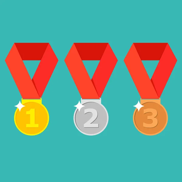 Kırmızı kurdele ile altın, gümüş, bronz madalya. 1, 2 ve 3 yerlerde. İlk, ikinci, üçüncü. Ödül kazanan kupa. Başarı için altın rozet. Vektör düz tasarımı. — Stok Vektör
