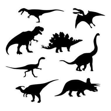 Dinozor siluetleri ayarlayın. Vektör çizim üzerinde beyaz izole.