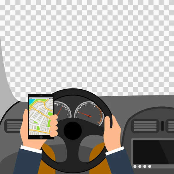 Hombre usando el teléfono inteligente mientras conduce el coche, accidente de tráfico gráfico diseño conceptual vector ilustración. Mapa de la ciudad ilustración de color para el programa de navegación o aplicación móvil — Vector de stock