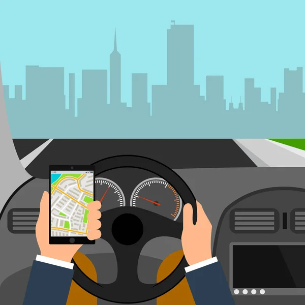 Homem usando smartphone durante a condução do carro, acidente de trânsito desenho gráfico ilustração vetorial conceitual. Mapa da cidade ilustração colorida para programa de navegação ou aplicativo móvel — Vetor de Stock