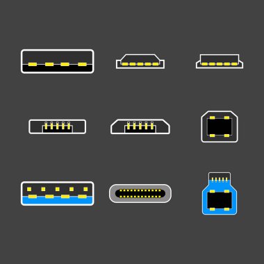 USB tip A, B ve Usb yazın C prizler, mikro, şimşek, evrensel bilgisayar beyaz kablo konektörleri, üstten görünüm vektör çizim