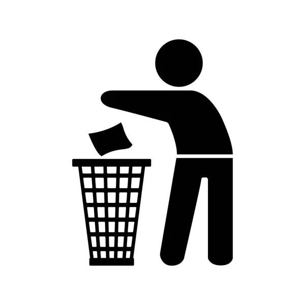Beyaz zemin üzerinde bir sepet içine çöp atma bir adam çöp öğe silüeti — Stok Vektör
