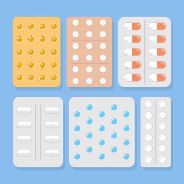 Hap kabarcıkları. Karikatür hastalık kapsülleri vektör illüstrasyon, aspirin tablet ve antibiyotik hapı, ağrı kesici ilaçlar ve parasetamol tedavi dozaj paketleri