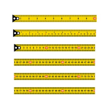 Ruler measuring tapes. Vector long tape set for measure, inches and metric meters, isolated on white background clipart