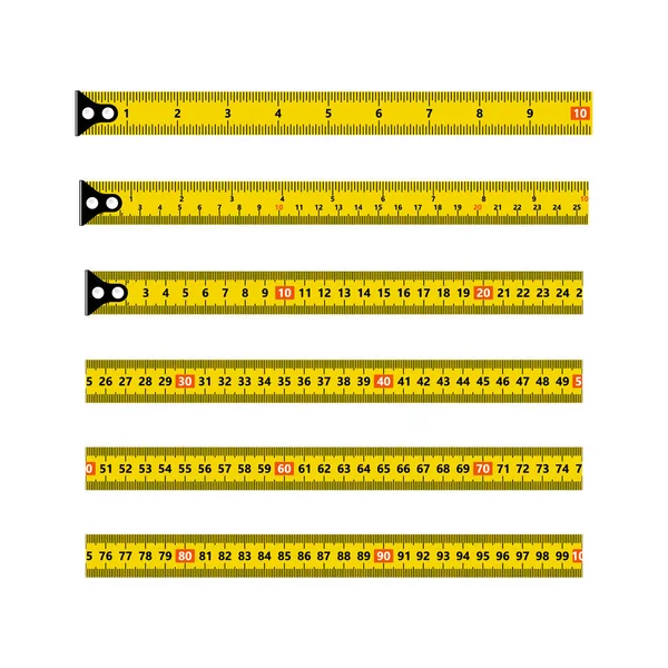 Regla de cintas métricas. Conjunto de cinta larga vectorial para medida, pulgadas y metros métricos, aislado sobre fondo blanco — Vector de stock