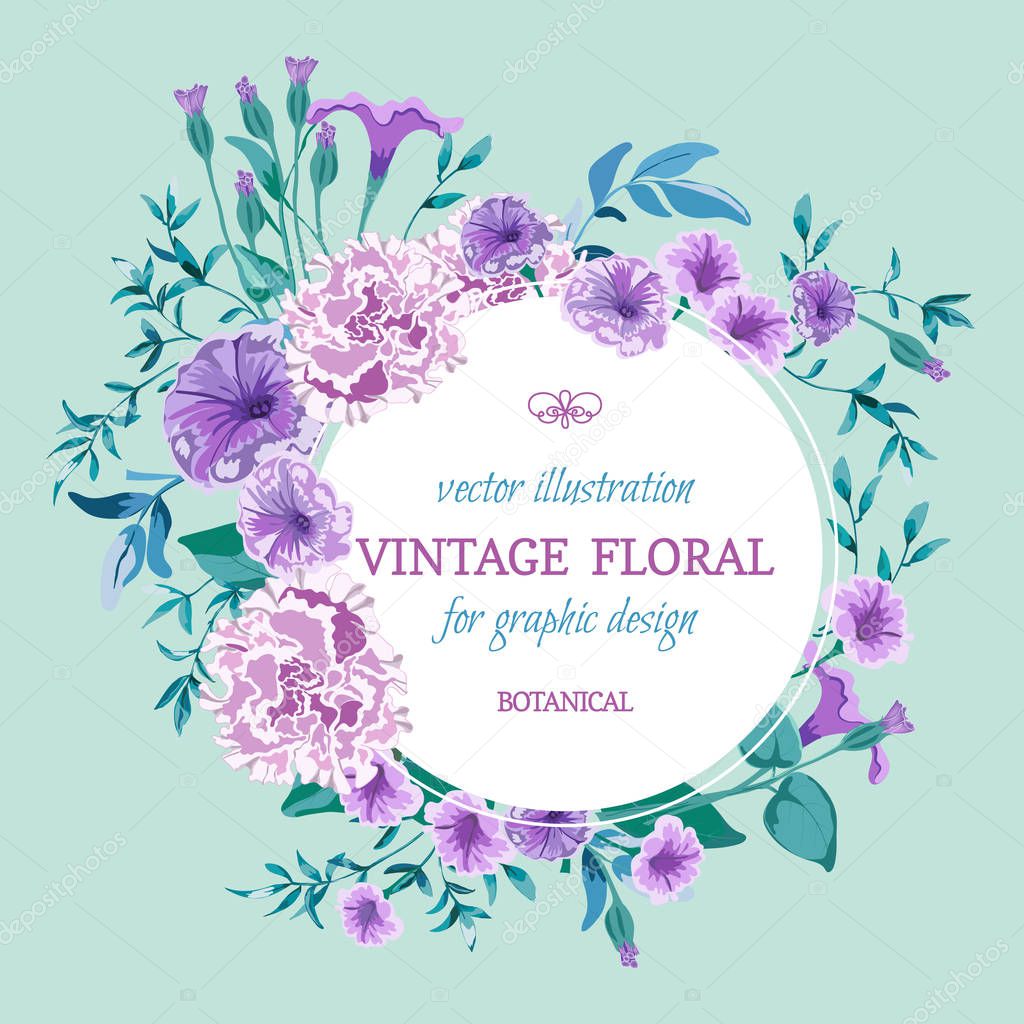Vector floral background.Wedding card with round frame. Flowers botanical drawing in watercolor style. Floral bunch Petunia, peony pink Rose purple, lilac, leaves,greenery.