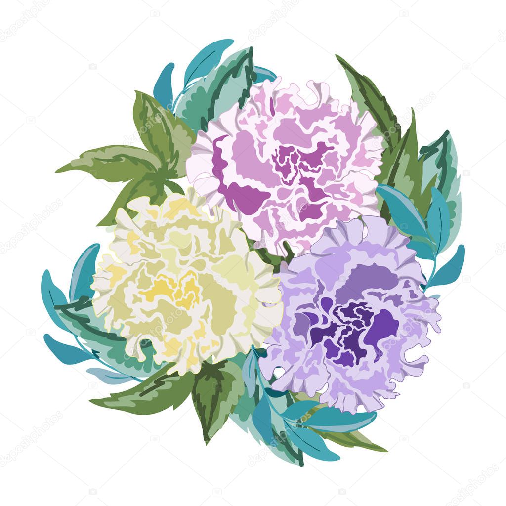Floral bunch with wild flowers Terry Petunia, peony pink yellow, purple and leaves..Vector flower bouquet, design element isolated on white background.Greeting floral card.