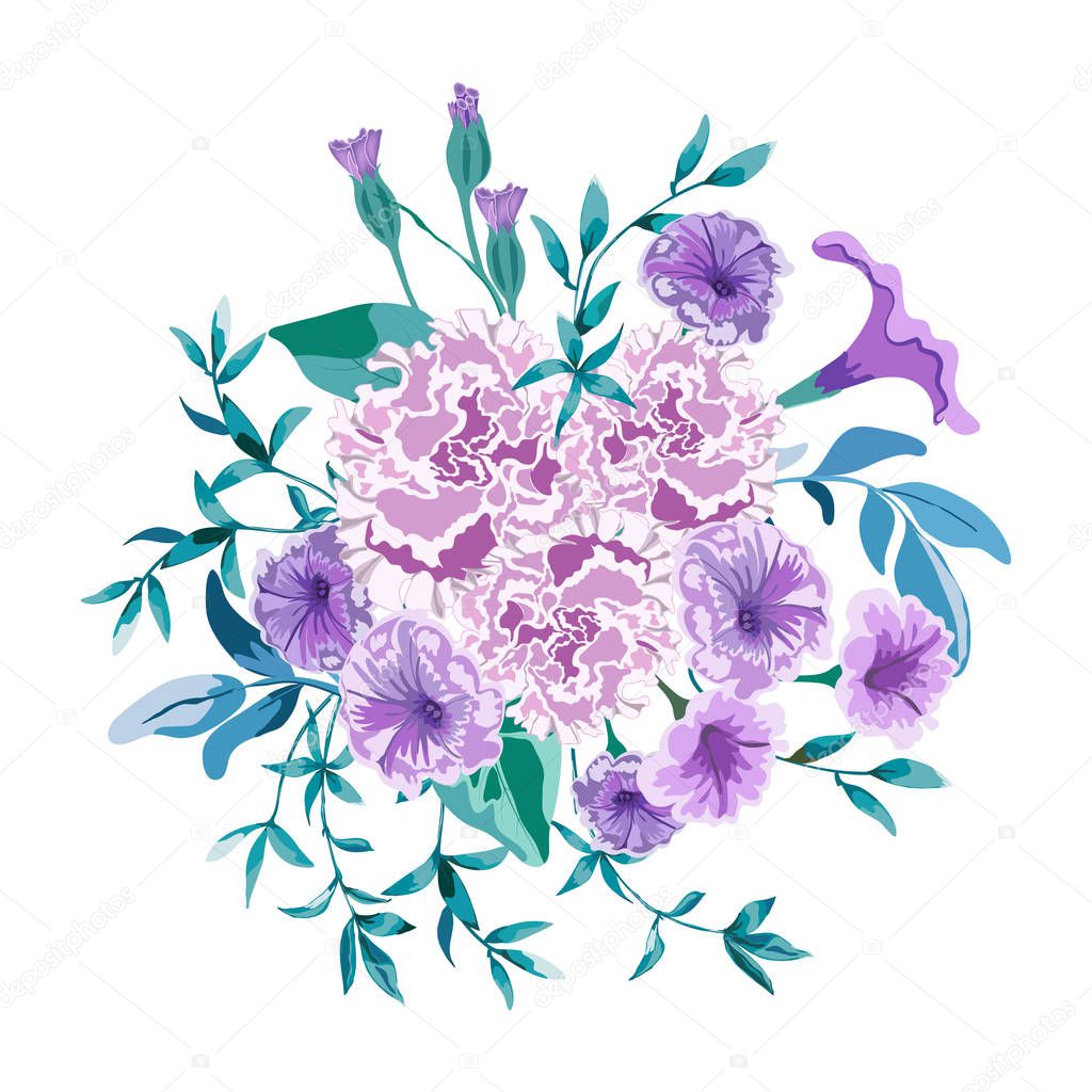 Floral bunch with wild flowers Terry Petunia, peony pink and twigs with leaves..Vector flower bouquet, design element isolated on white background.Greeting floral card.