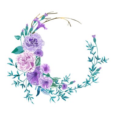Çiçek çelenk, garland ile kır çiçekleri Terry Petunia, şakayık pembe ve ince dallarla yapraklarla... Vektör çiçek buketi, beyaz arka plan üzerinde izole tasarım öğesi. Çiçek tebrik kartı.