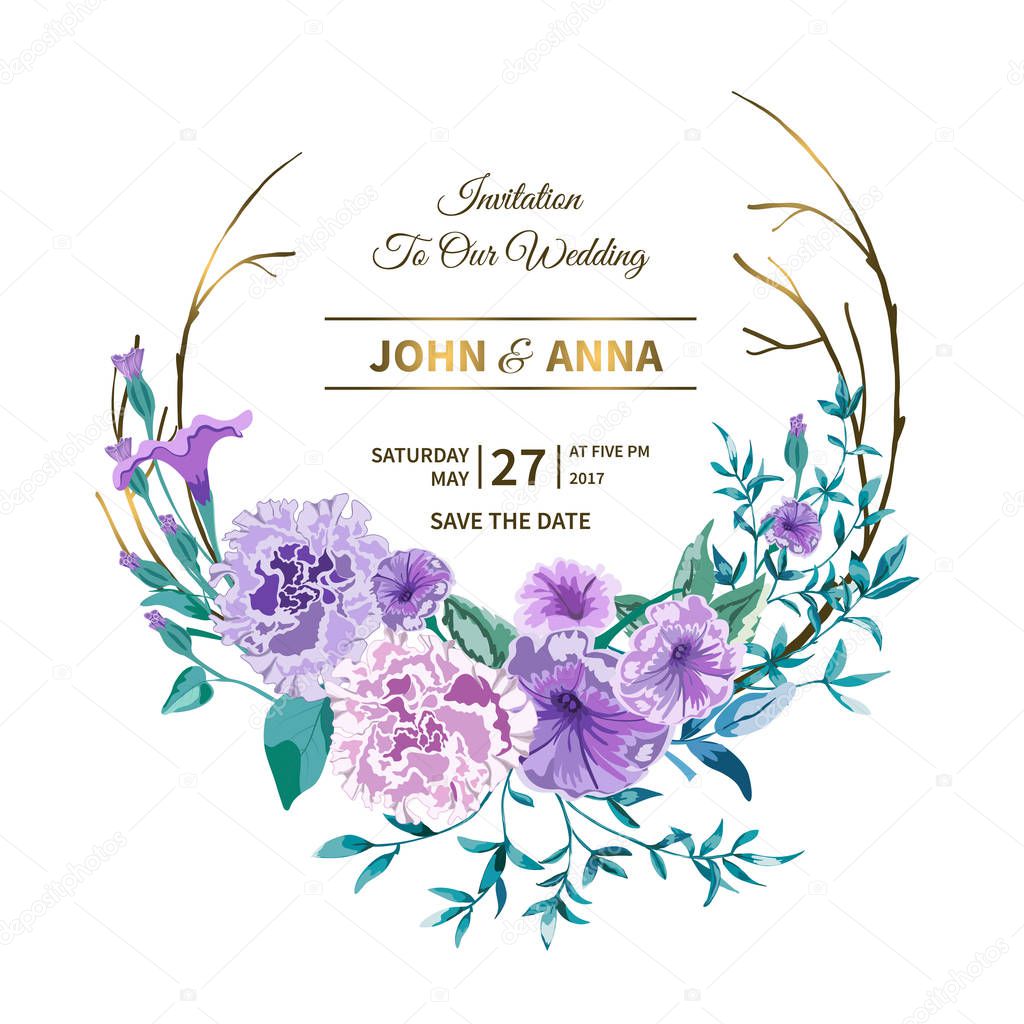 Vector floral background.Wedding card with frame. Flowers botanical drawing in watercolor style. Floral bunch Petunia, peony pink Rose purple, lilac, leaves,greenery.