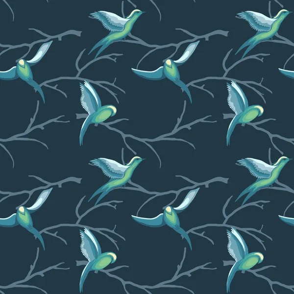 水彩風で木の枝に鳥の飛行のシームレス パターン — ストックベクタ