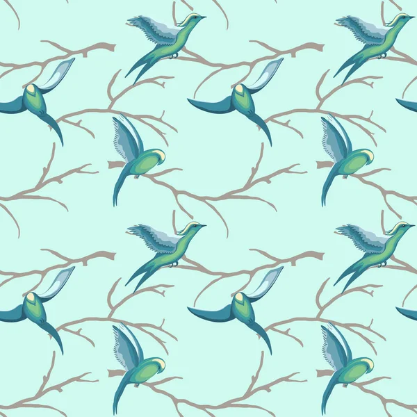 水彩風で木の枝に鳥の飛行のシームレス パターン — ストックベクタ