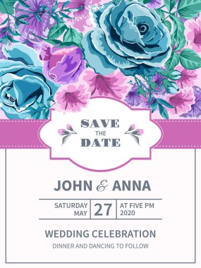Düğün davetiyesi çiçek mavi ve Lila gül ile