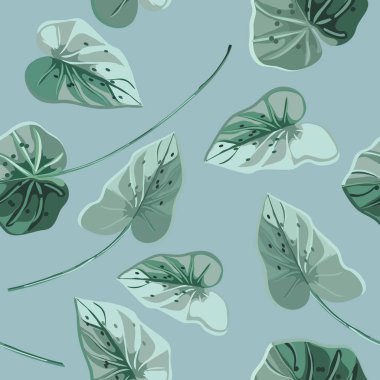 Trendy tropikal arka plan mavi egzotik tarzı suluboya bırakır. Botanik motifleri rastgele dağılmış. Vektör seamless modeli moda parmak izi.