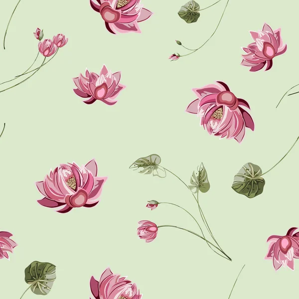 时尚的花卉背景与莲花和绿叶在手绘风格 盛开的植物图案散布随机 百合睡莲的矢量无缝图案 — 图库矢量图片