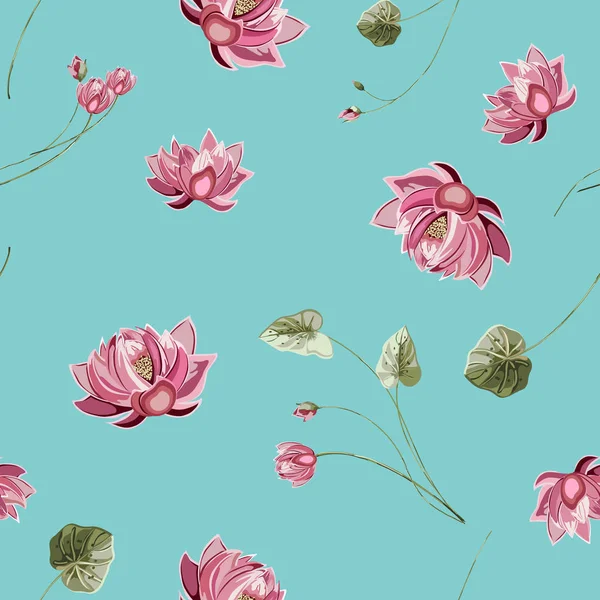Trendiger Floraler Hintergrund Mit Lotusblume Und Grünen Blättern Handgezeichneten Stil — Stockvektor