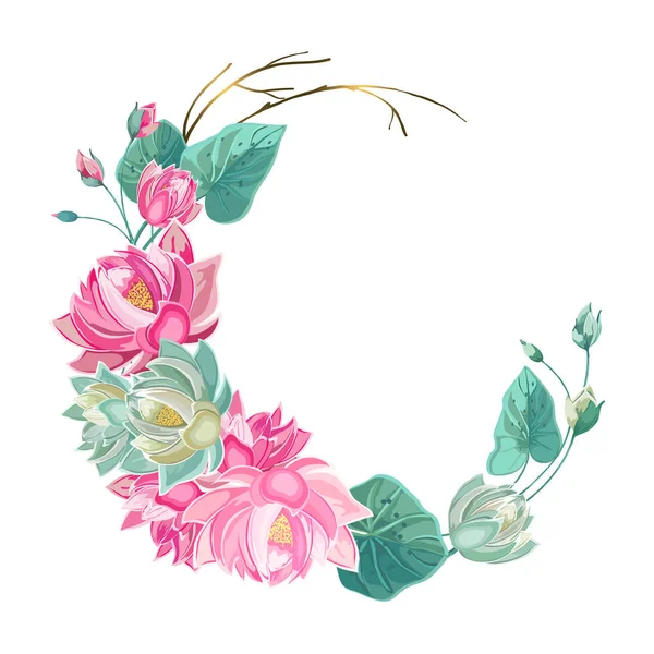 Couronne florale, guirlande de fleurs de lotus avec feuilles . — Image vectorielle