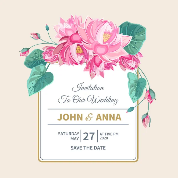 Invitación de boda con flores de loto rosa y marco — Vector de stock